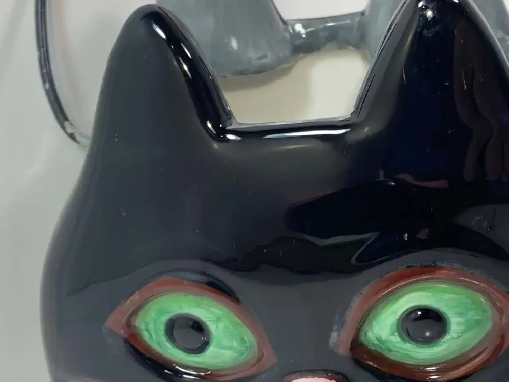 Black Cat Green Eyes  Halloween ceramic planter basket/vase decor